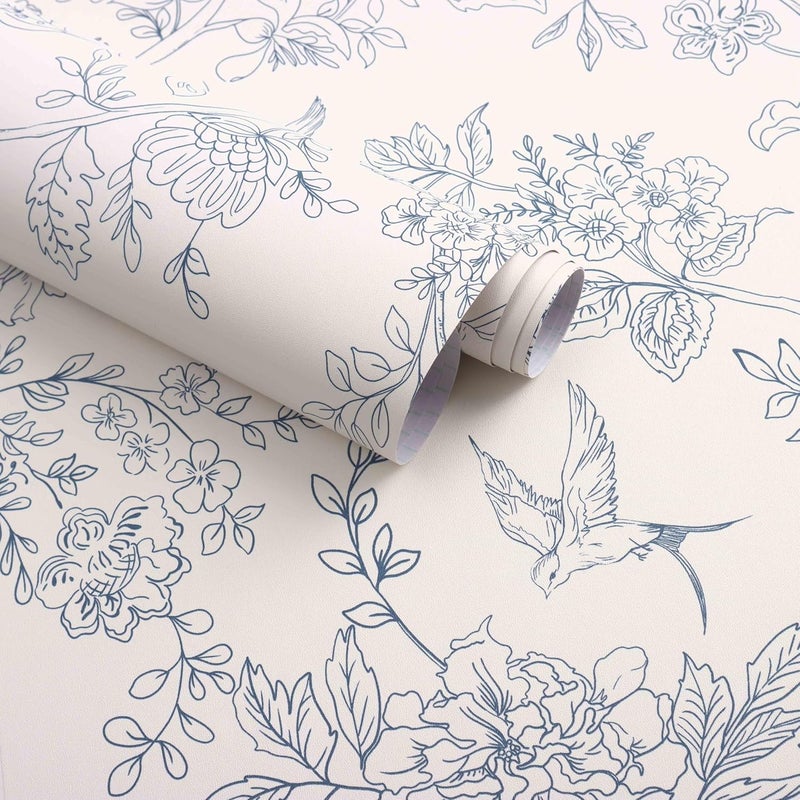 Froluya Cream White and Blue Floral Wallpaper Peel and Stick Wallpaper 17.7"x118.1" Vintage Floral Peel and Stick Wall Paper Removable Boho Self Adhesive Contact Paper for Bedroom Bathroom Vinyl - Image 1